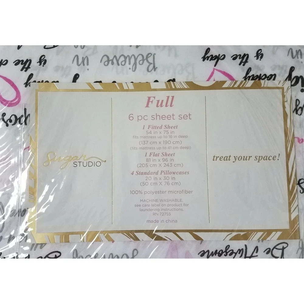 Sugar Studio 6pc FULL Sheet Set Good Vibes Dream‎ Big White Black Pink NEW